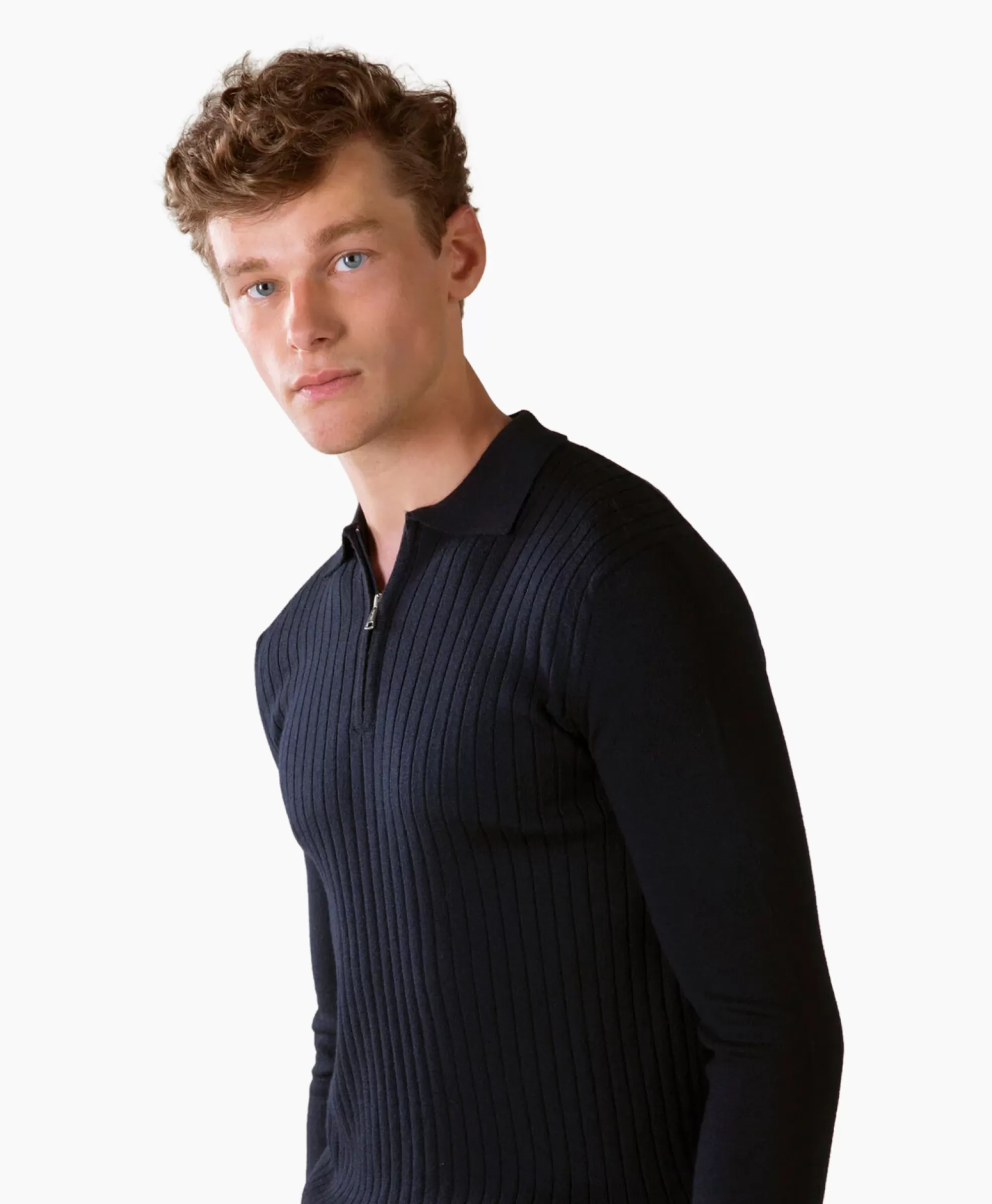 Aurelien Pullover Rib Zip Polos Ls Donker Blauw*Heren Truien