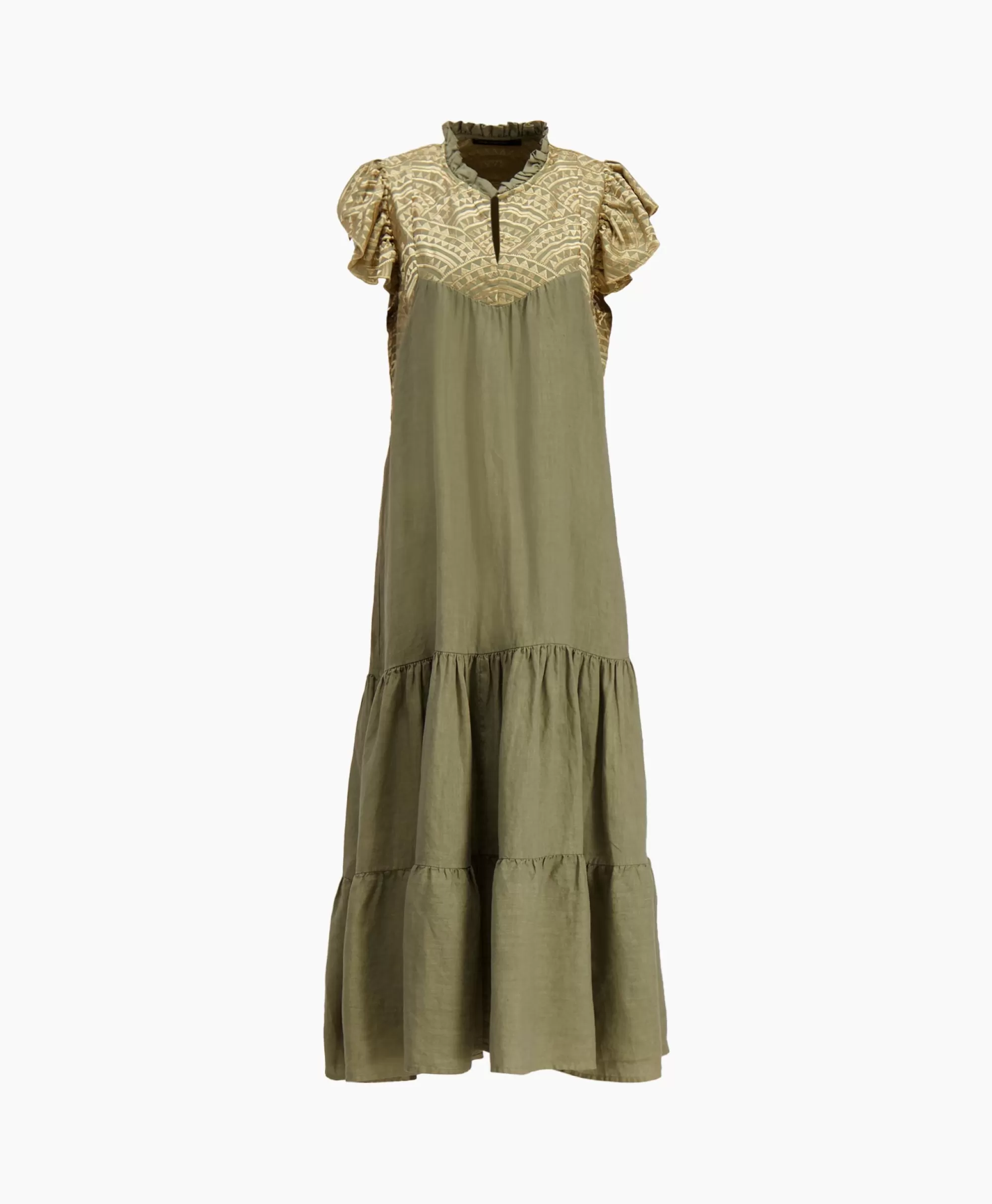 Greek Archaic Kori Maxi Jurk Long New All Over Sleeveless Ruffles Goud*Dames Jurken