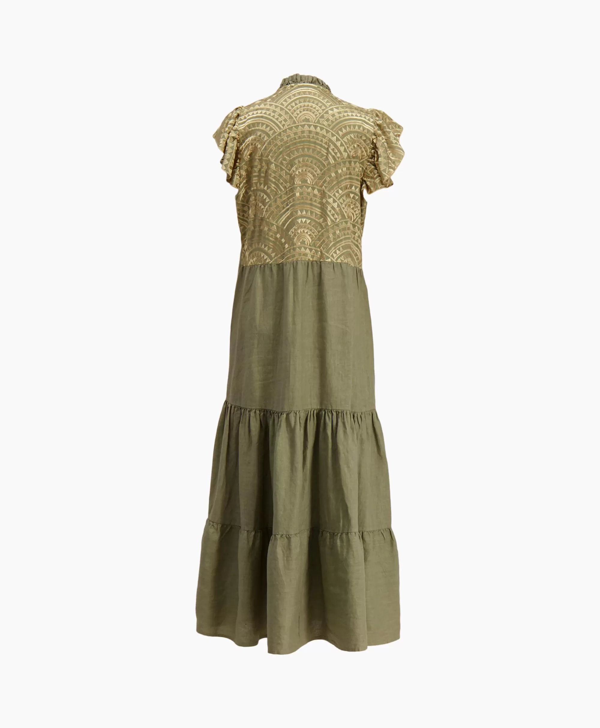 Greek Archaic Kori Maxi Jurk Long New All Over Sleeveless Ruffles Goud*Dames Jurken
